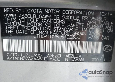 2020 Lexus Is 300 z USA, uszkodzony, nr VIN JTHGA1D28L5102360